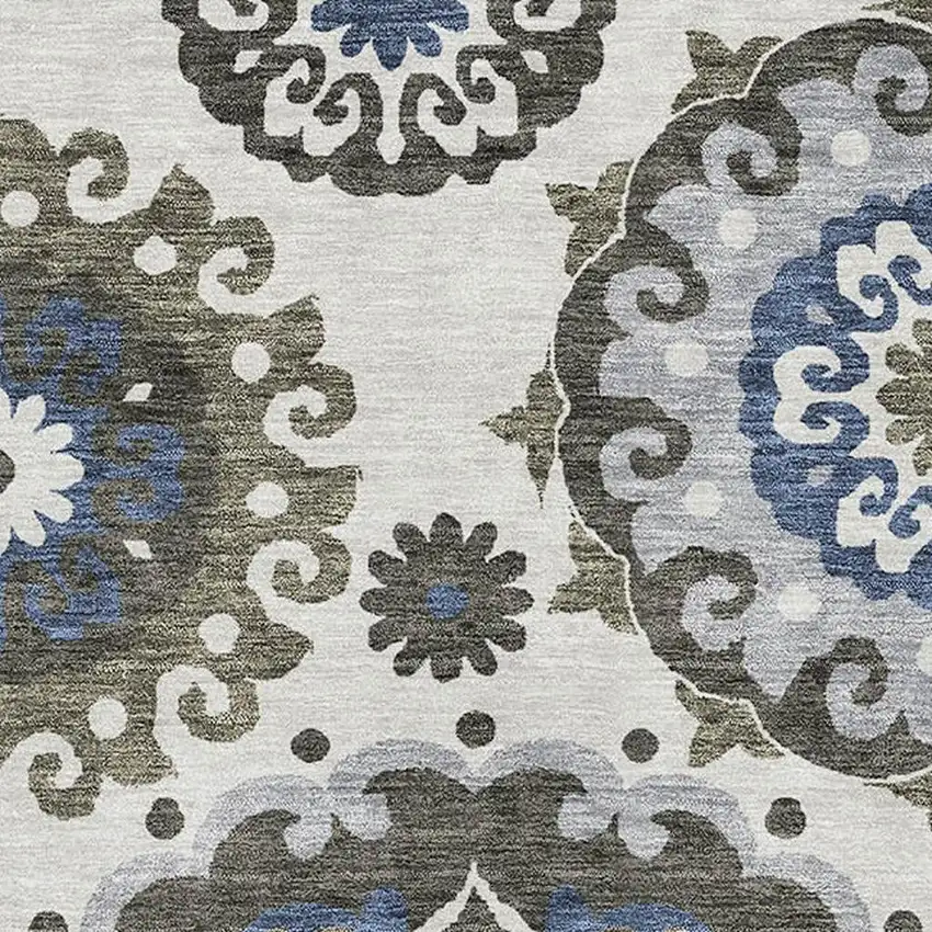 Pewter Blue And Gray Medallion Washable Area Rug With UV Protection Photo 4