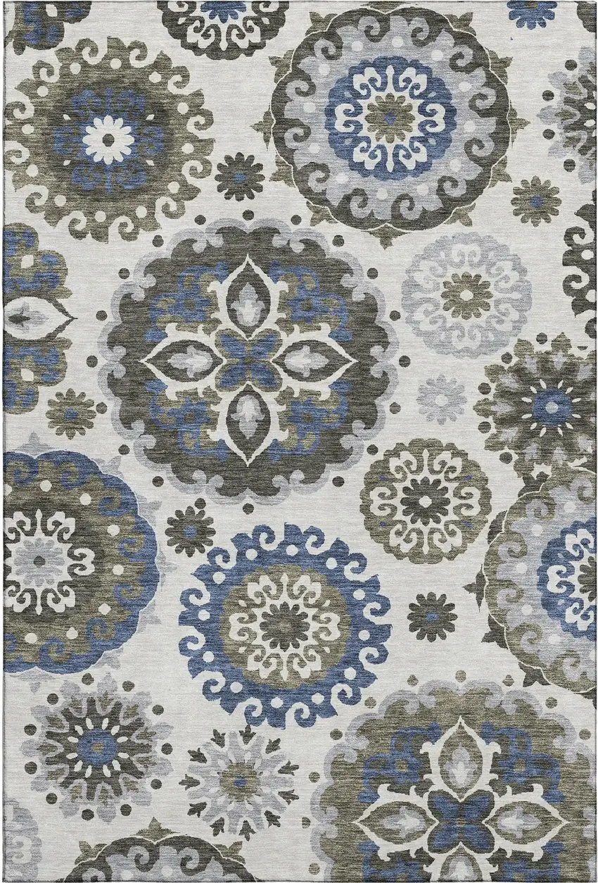 Pewter Blue And Gray Medallion Washable Area Rug With UV Protection Photo 1