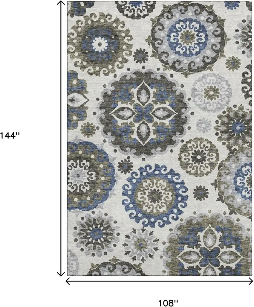 Pewter Blue And Gray Medallion Washable Area Rug With UV Protection Photo 3