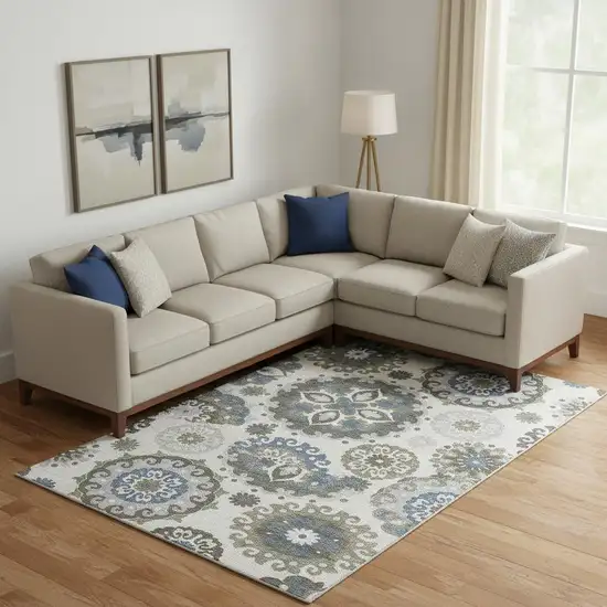 Pewter Blue And Gray Medallion Washable Area Rug With UV Protection Photo 1