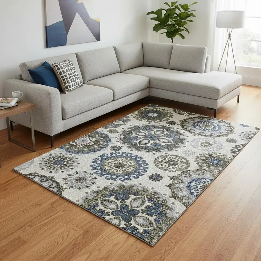 Pewter Blue And Gray Medallion Washable Area Rug With UV Protection Photo 2
