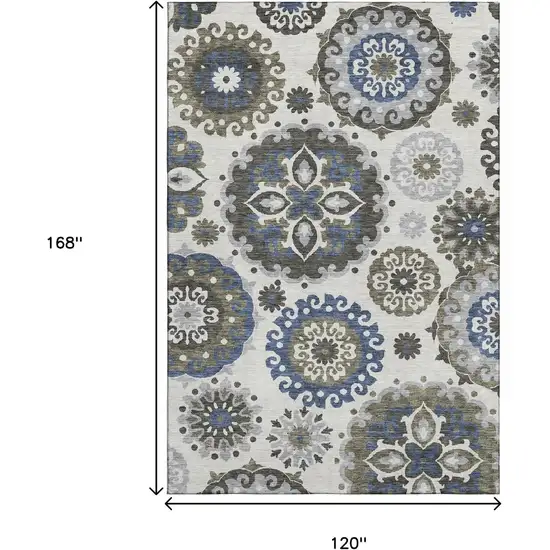 Pewter Blue And Gray Medallion Washable Area Rug With UV Protection Photo 3