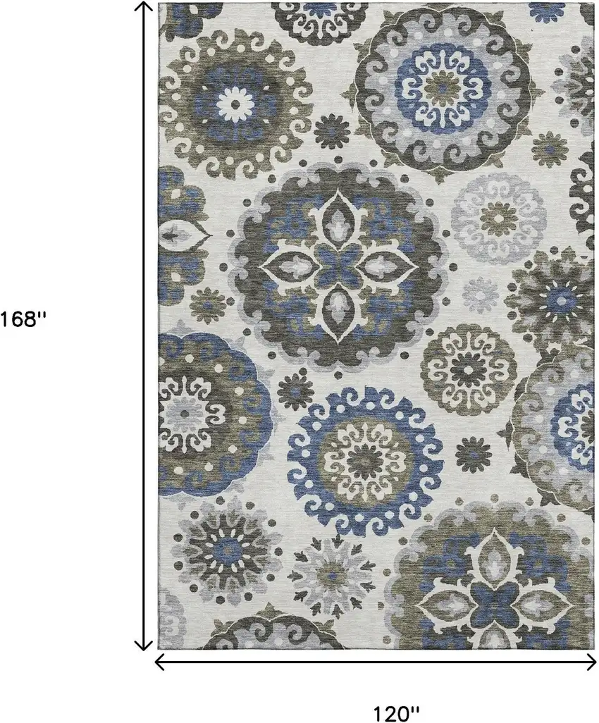 Pewter Blue And Gray Medallion Washable Area Rug With UV Protection Photo 3