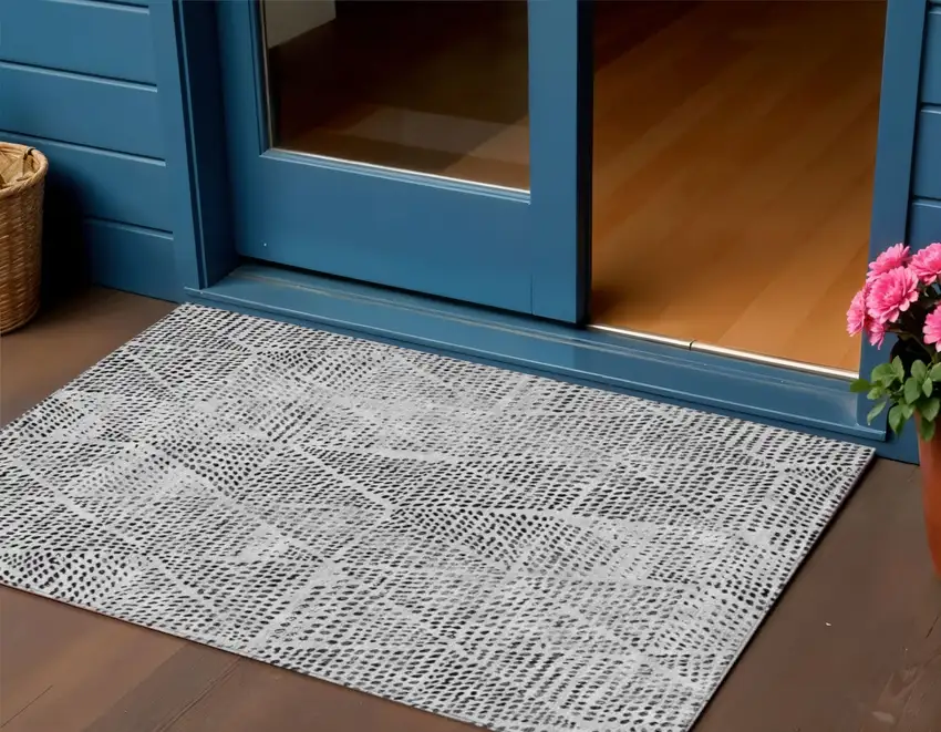 Pewter Blue Geometric Washable Non Skid Indoor Outdoor Area Rug Photo 1