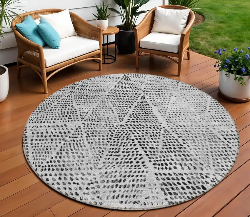 Pewter Blue Round Geometric Washable Non Skid Indoor Outdoor Area Rug Photo 1