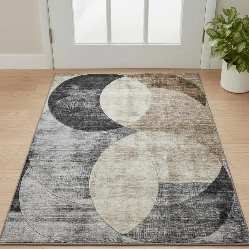 Pewter Brown And Beige Geometric Washable Area Rug With UV Protection Photo 2