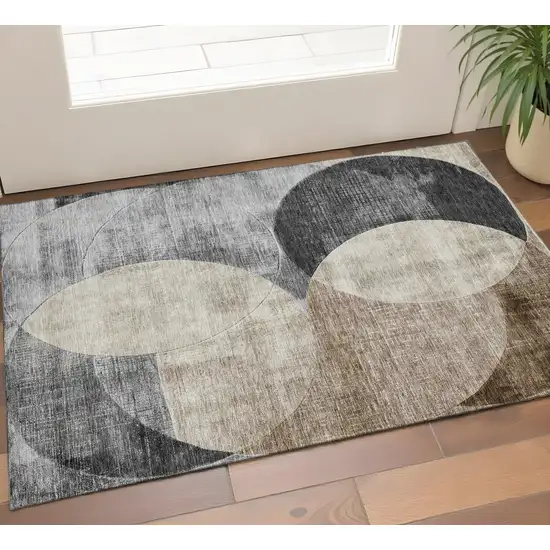 Pewter Brown And Beige Geometric Washable Area Rug With UV Protection Photo 1