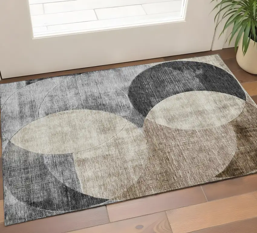 Pewter Brown And Beige Geometric Washable Area Rug With UV Protection Photo 1