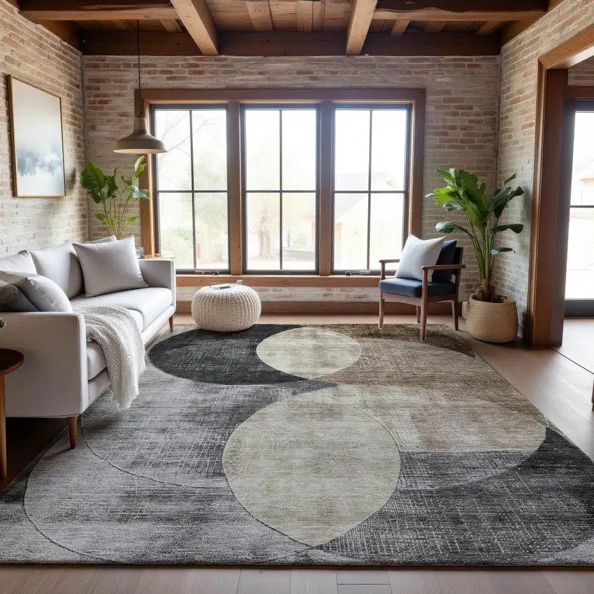 Pewter Brown And Beige Geometric Washable Area Rug With UV Protection Photo 4