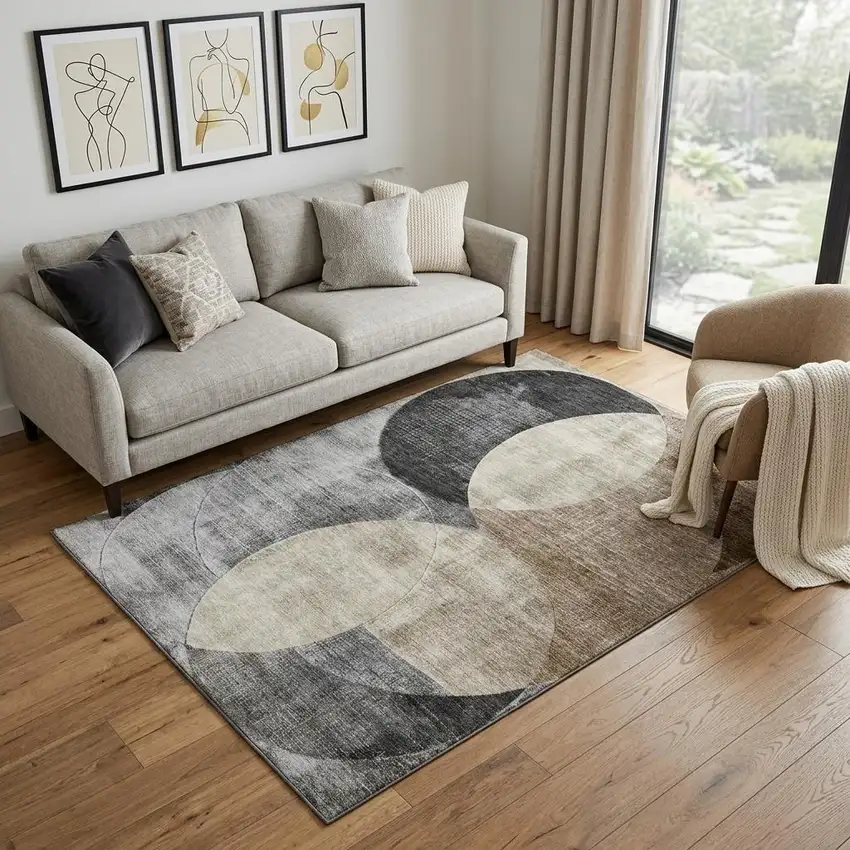 Pewter Brown And Beige Geometric Washable Area Rug With UV Protection Photo 1
