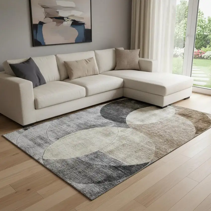 Pewter Brown And Beige Geometric Washable Area Rug With UV Protection Photo 2