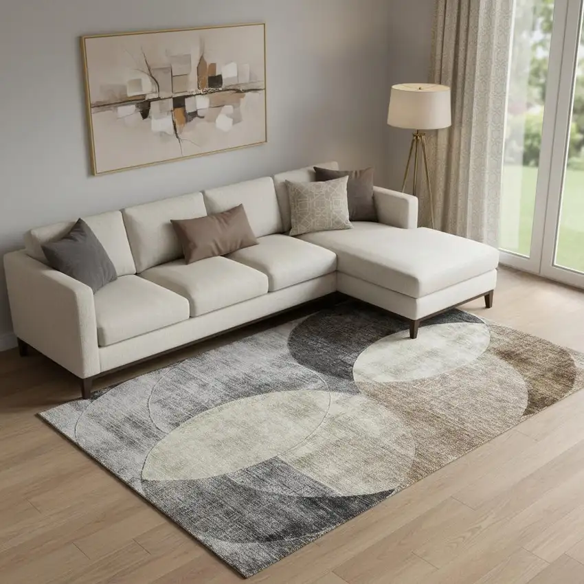 Pewter Brown And Beige Geometric Washable Area Rug With UV Protection Photo 2