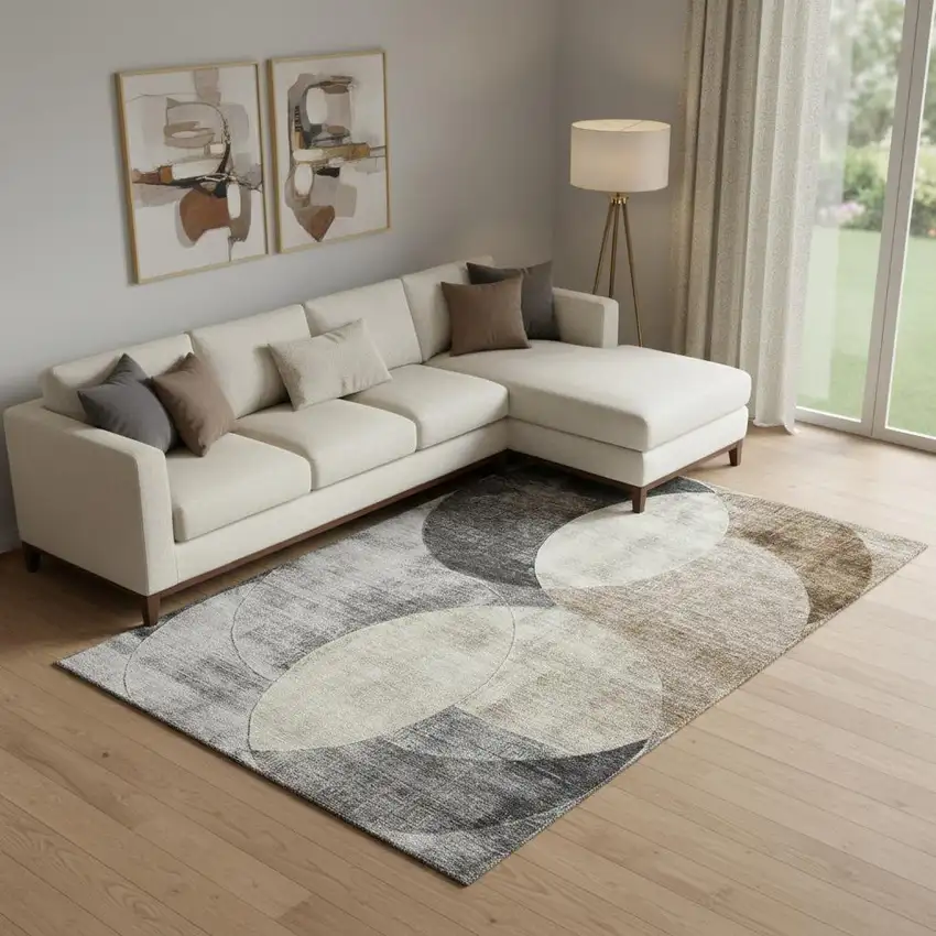 Pewter Brown And Beige Geometric Washable Area Rug With UV Protection Photo 2