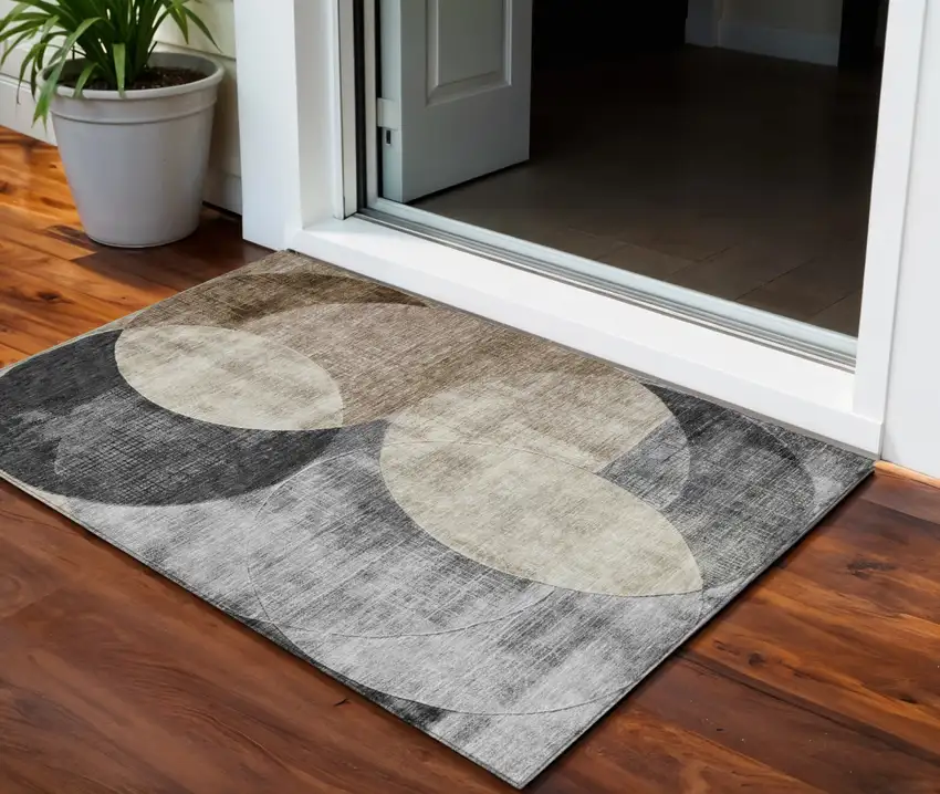 Pewter Brown And Charcoal Geometric Washable Indoor Outdoor Area Rug Photo 1