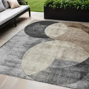 Photo of Pewter Brown And Charcoal Geometric Washable Indoor Outdoor Area Rug