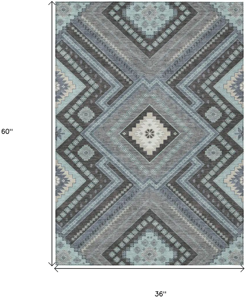 Pewter Charcoal And Sky Blue Tribal Washable Indoor Outdoor Area Rug Photo 3