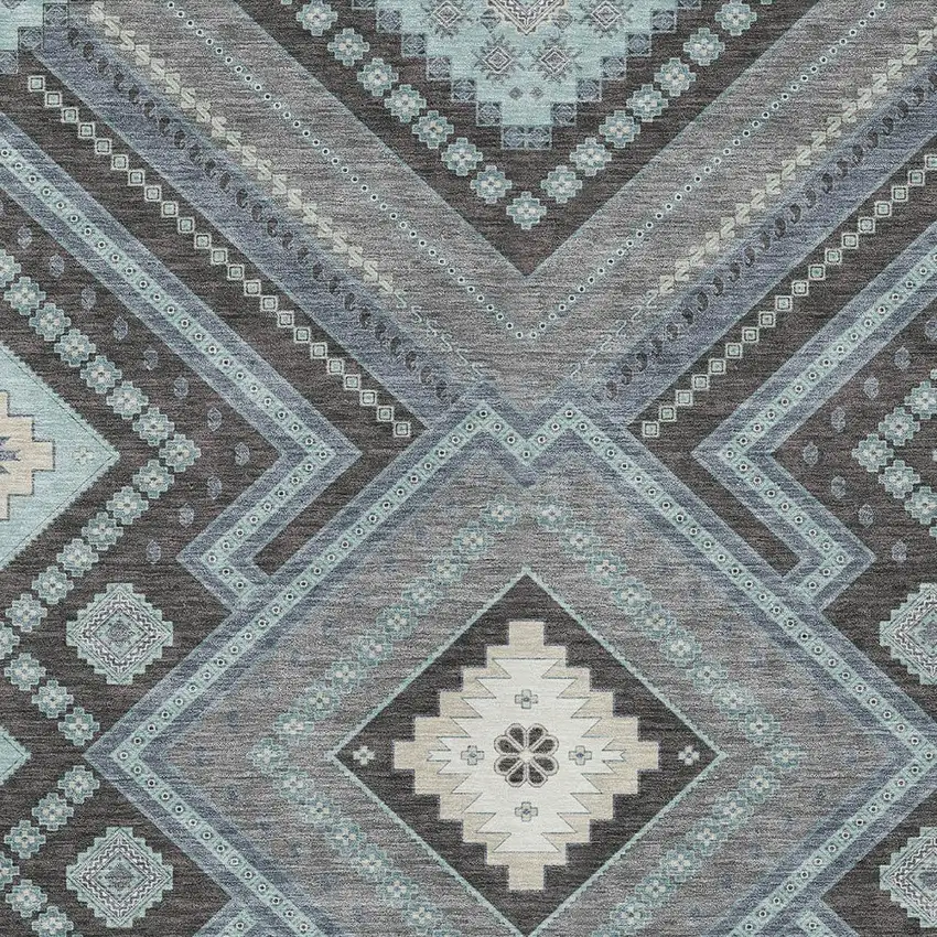Pewter Charcoal And Sky Blue Tribal Washable Indoor Outdoor Area Rug Photo 5
