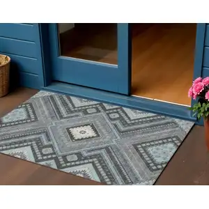 Photo of Pewter Charcoal And Sky Blue Tribal Washable Indoor Outdoor Area Rug