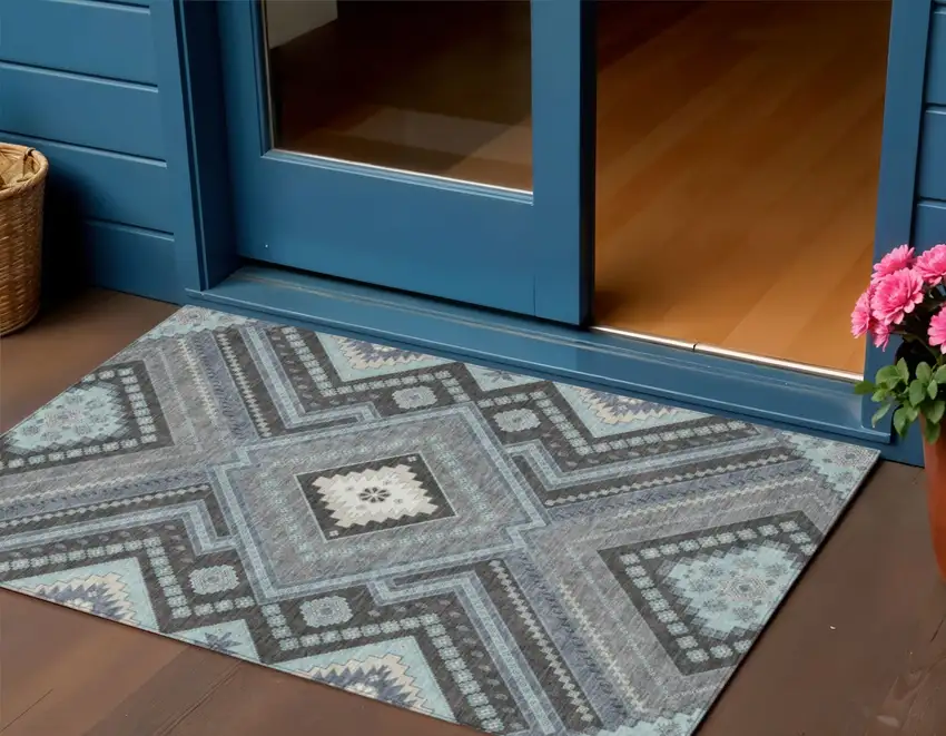 Pewter Charcoal And Sky Blue Tribal Washable Indoor Outdoor Area Rug Photo 1