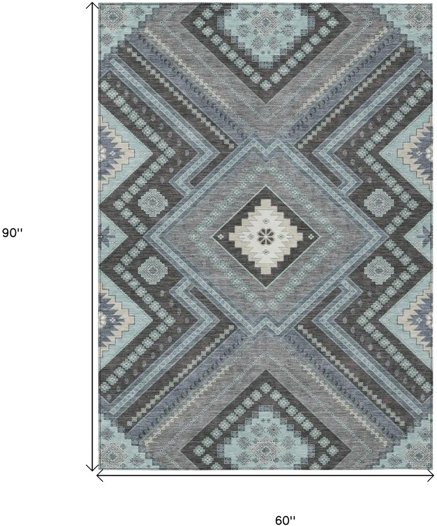 Pewter Charcoal And Sky Blue Tribal Washable Indoor Outdoor Area Rug Photo 3