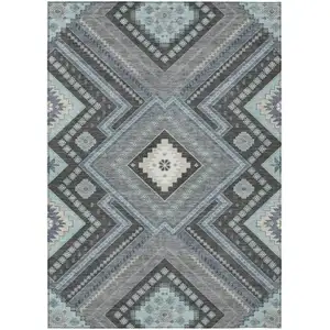 Photo of Pewter Charcoal And Sky Blue Tribal Washable Indoor Outdoor Area Rug