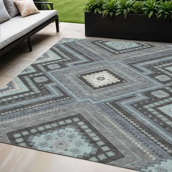 Pewter Charcoal And Sky Blue Tribal Washable Indoor Outdoor Area Rug Photo 1