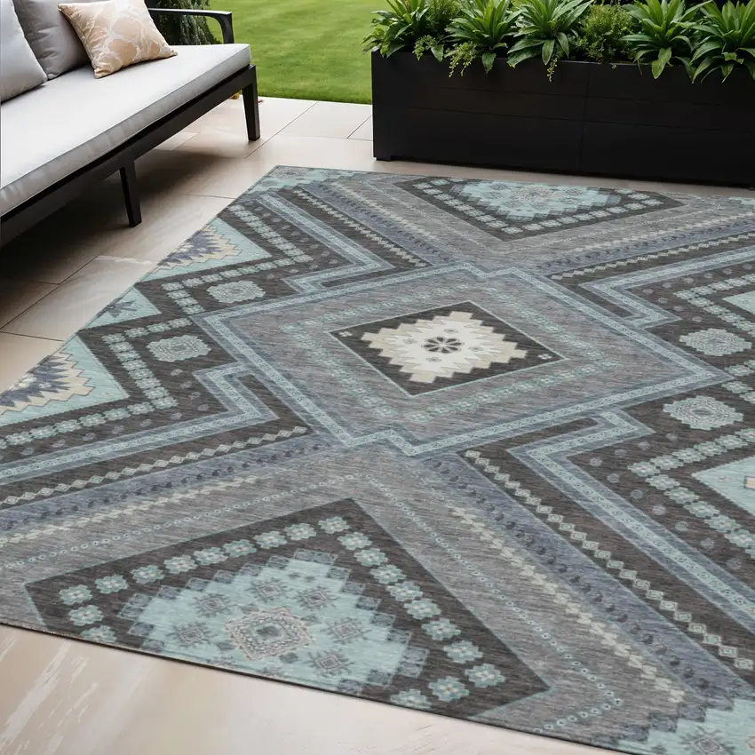 Pewter Charcoal And Sky Blue Tribal Washable Indoor Outdoor Area Rug Photo 1