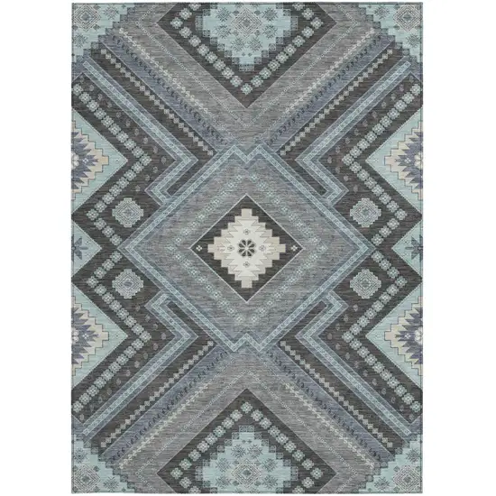Pewter Charcoal And Sky Blue Tribal Washable Indoor Outdoor Area Rug Photo 7