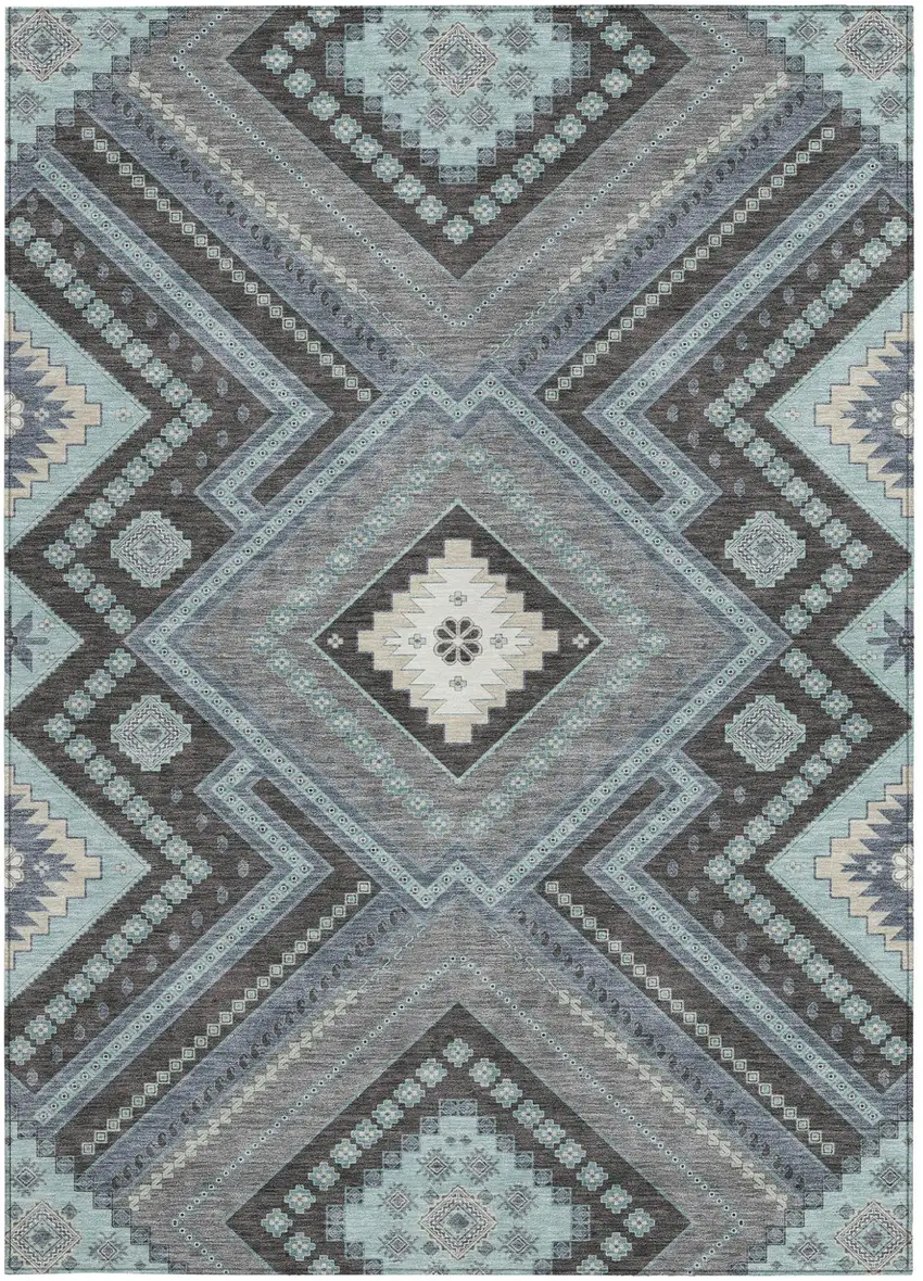 Pewter Charcoal And Sky Blue Tribal Washable Indoor Outdoor Area Rug Photo 7