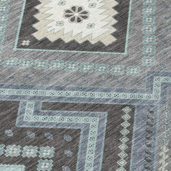 Pewter Charcoal And Sky Blue Tribal Washable Indoor Outdoor Area Rug Photo 4