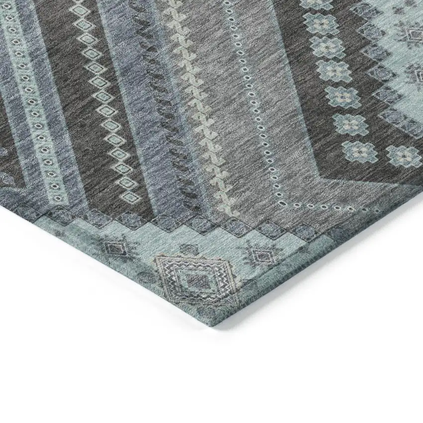 Pewter Charcoal And Sky Blue Tribal Washable Indoor Outdoor Area Rug Photo 4