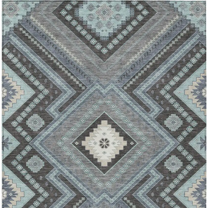 Pewter Charcoal And Sky Blue Tribal Washable Indoor Outdoor Area Rug Photo 7
