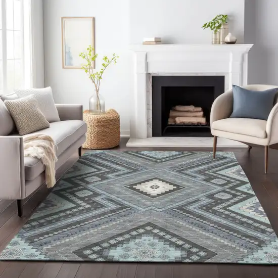 Pewter Charcoal And Sky Blue Tribal Washable Indoor Outdoor Area Rug Photo 9
