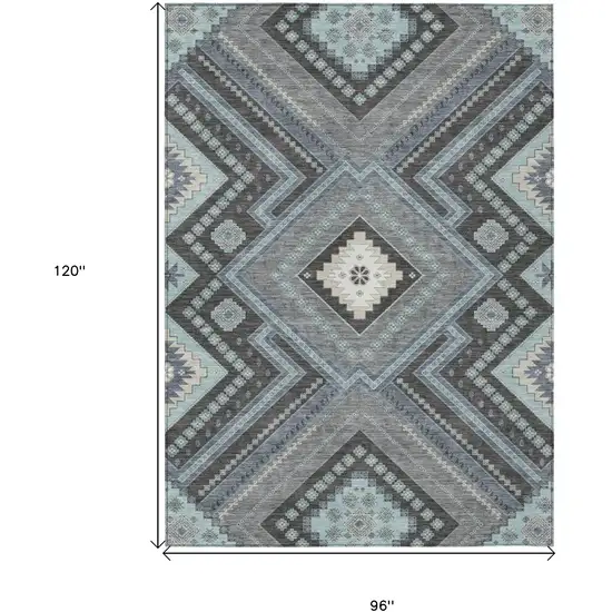 Pewter Charcoal And Sky Blue Tribal Washable Indoor Outdoor Area Rug Photo 3