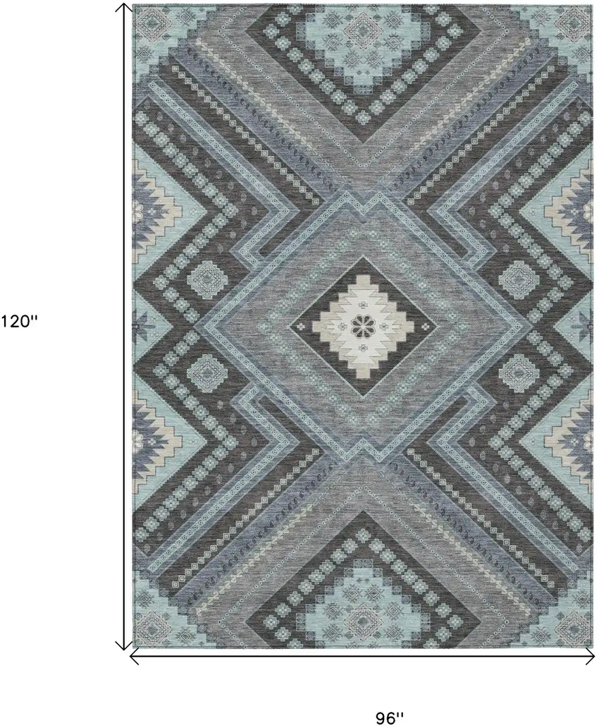 Pewter Charcoal And Sky Blue Tribal Washable Indoor Outdoor Area Rug Photo 3