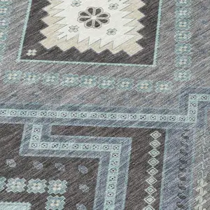 Photo of Pewter Charcoal And Sky Blue Tribal Washable Indoor Outdoor Area Rug