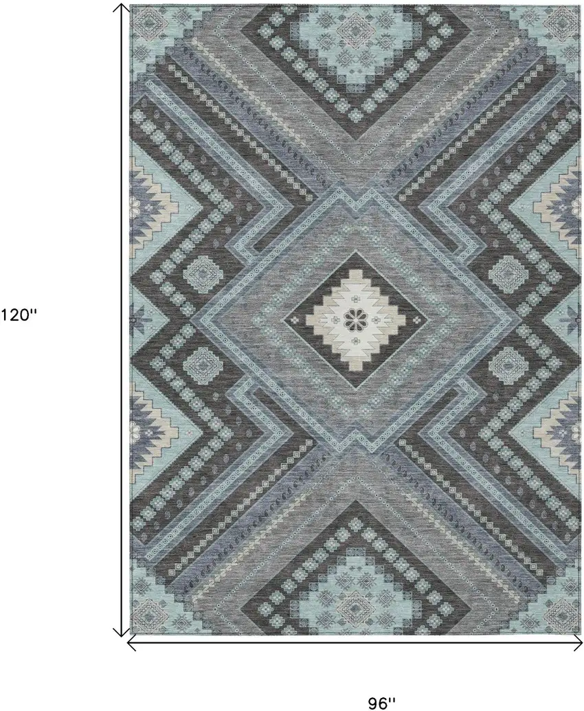 Pewter Charcoal And Sky Blue Tribal Washable Indoor Outdoor Area Rug Photo 7