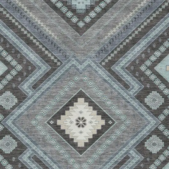 Pewter Charcoal And Sky Blue Tribal Washable Indoor Outdoor Area Rug Photo 5