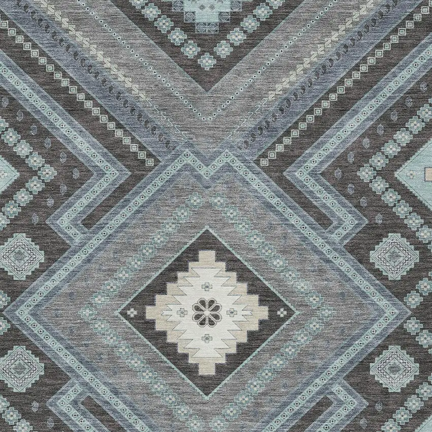Pewter Charcoal And Sky Blue Tribal Washable Indoor Outdoor Area Rug Photo 5