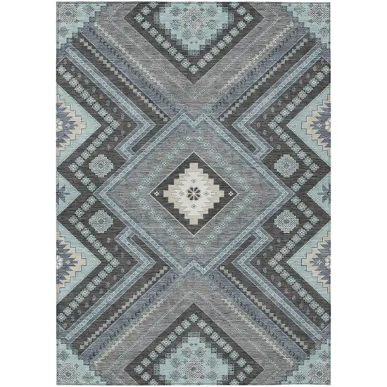 Pewter Charcoal And Sky Blue Tribal Washable Indoor Outdoor Area Rug Photo 2