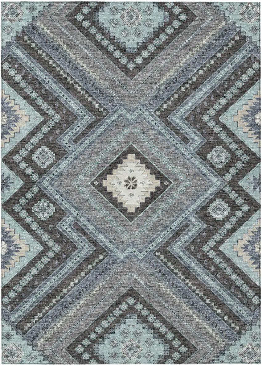 Pewter Charcoal And Sky Blue Tribal Washable Indoor Outdoor Area Rug Photo 2