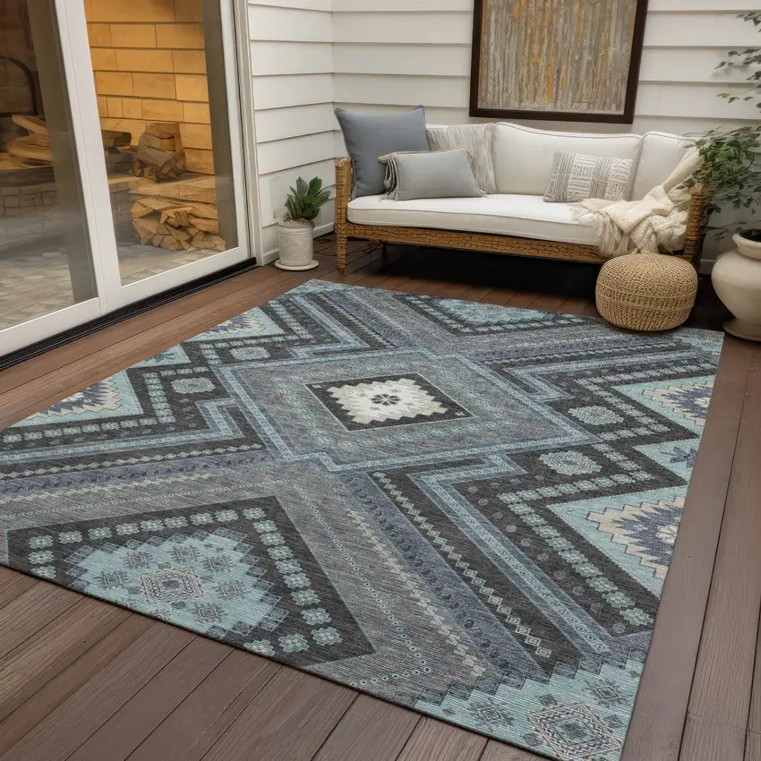 Pewter Charcoal And Sky Blue Tribal Washable Indoor Outdoor Area Rug Photo 8
