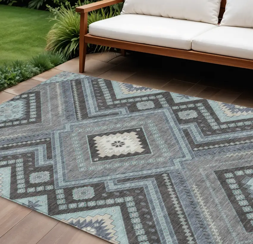 Pewter Charcoal And Sky Blue Tribal Washable Indoor Outdoor Area Rug Photo 1