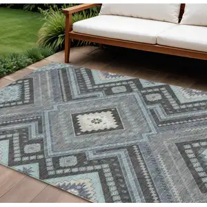 Photo of Pewter Charcoal And Sky Blue Tribal Washable Indoor Outdoor Area Rug