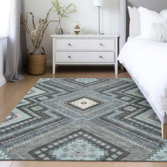 Pewter Charcoal And Sky Blue Tribal Washable Indoor Outdoor Area Rug Photo 9