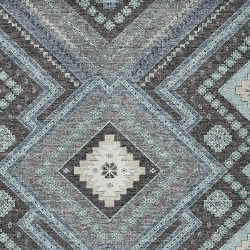 Pewter Charcoal And Sky Blue Tribal Washable Indoor Outdoor Area Rug Photo 5