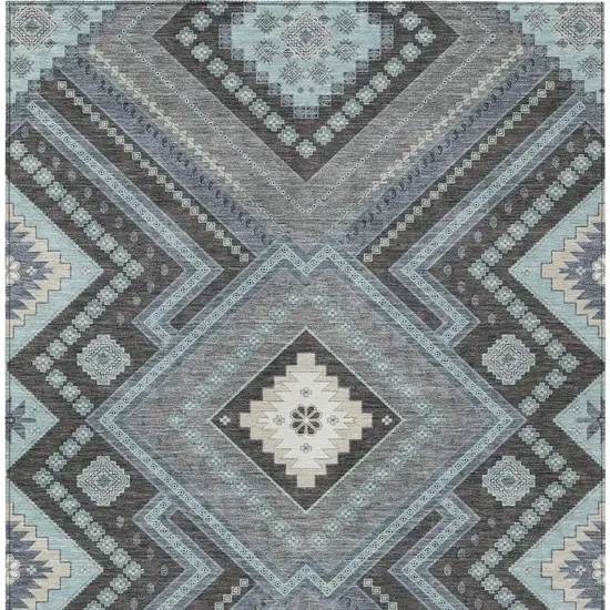 Pewter Charcoal And Sky Blue Tribal Washable Indoor Outdoor Area Rug Photo 7