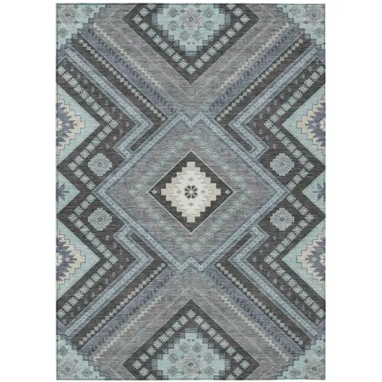 Pewter Charcoal And Sky Blue Tribal Washable Indoor Outdoor Area Rug Photo 2
