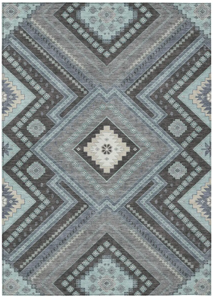 Pewter Charcoal And Sky Blue Tribal Washable Indoor Outdoor Area Rug Photo 2