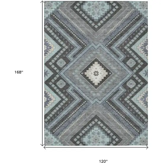 Pewter Charcoal And Sky Blue Tribal Washable Indoor Outdoor Area Rug Photo 7